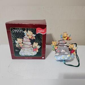Trimming Trio Angel Bears Christmas Tree Ornament  by Carlton Cards Lighted 2001